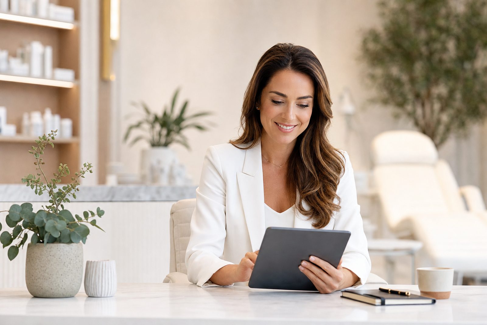 Med spa owner reviewing a lead generation funnel on a laptop showing new consult requests, sources, and conversion rates in a modern aesthetic clinic office