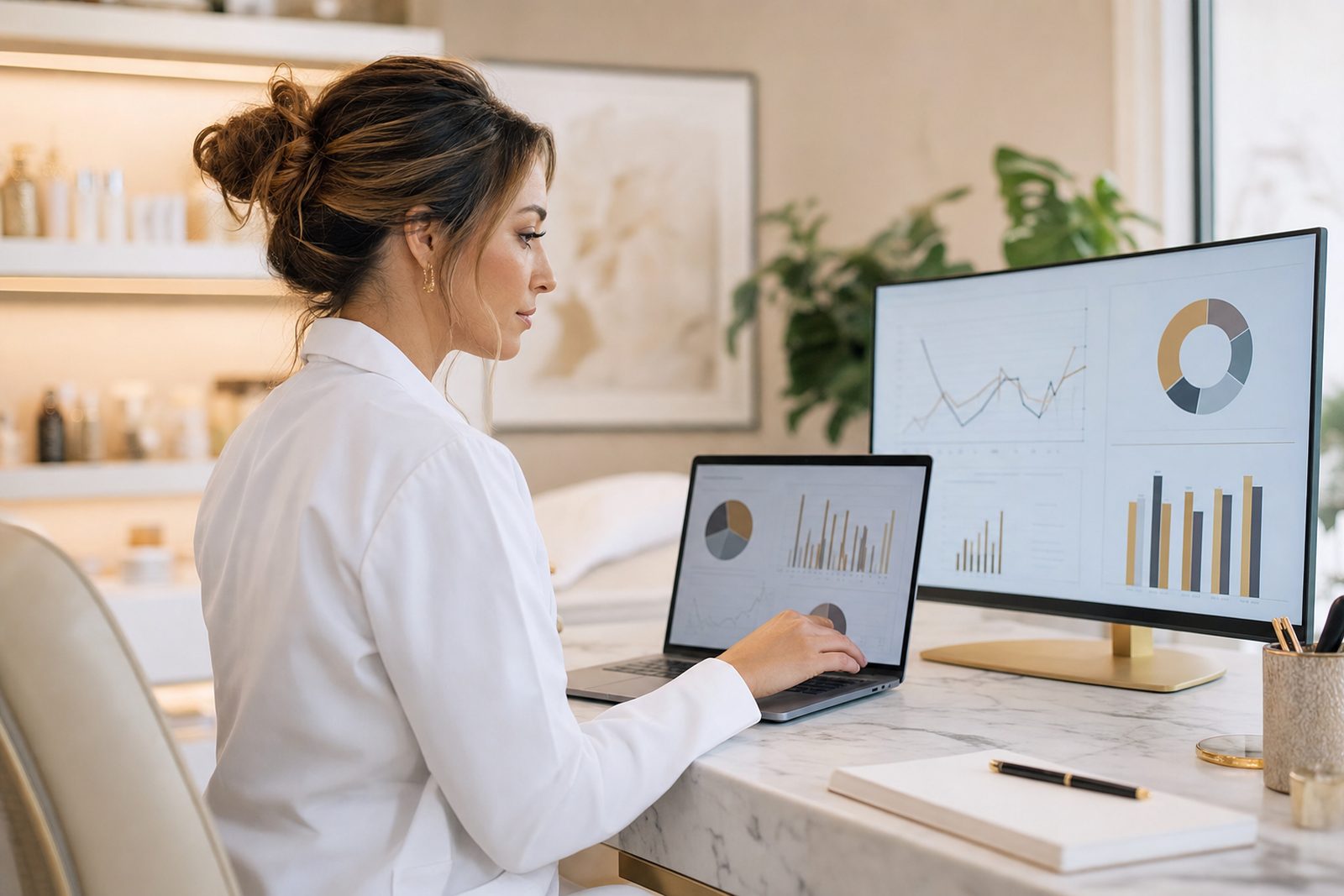 Med spa owner analyzing profit margins, average revenue per patient, and treatment profitability on a financial dashboard in a modern aesthetic clinic office