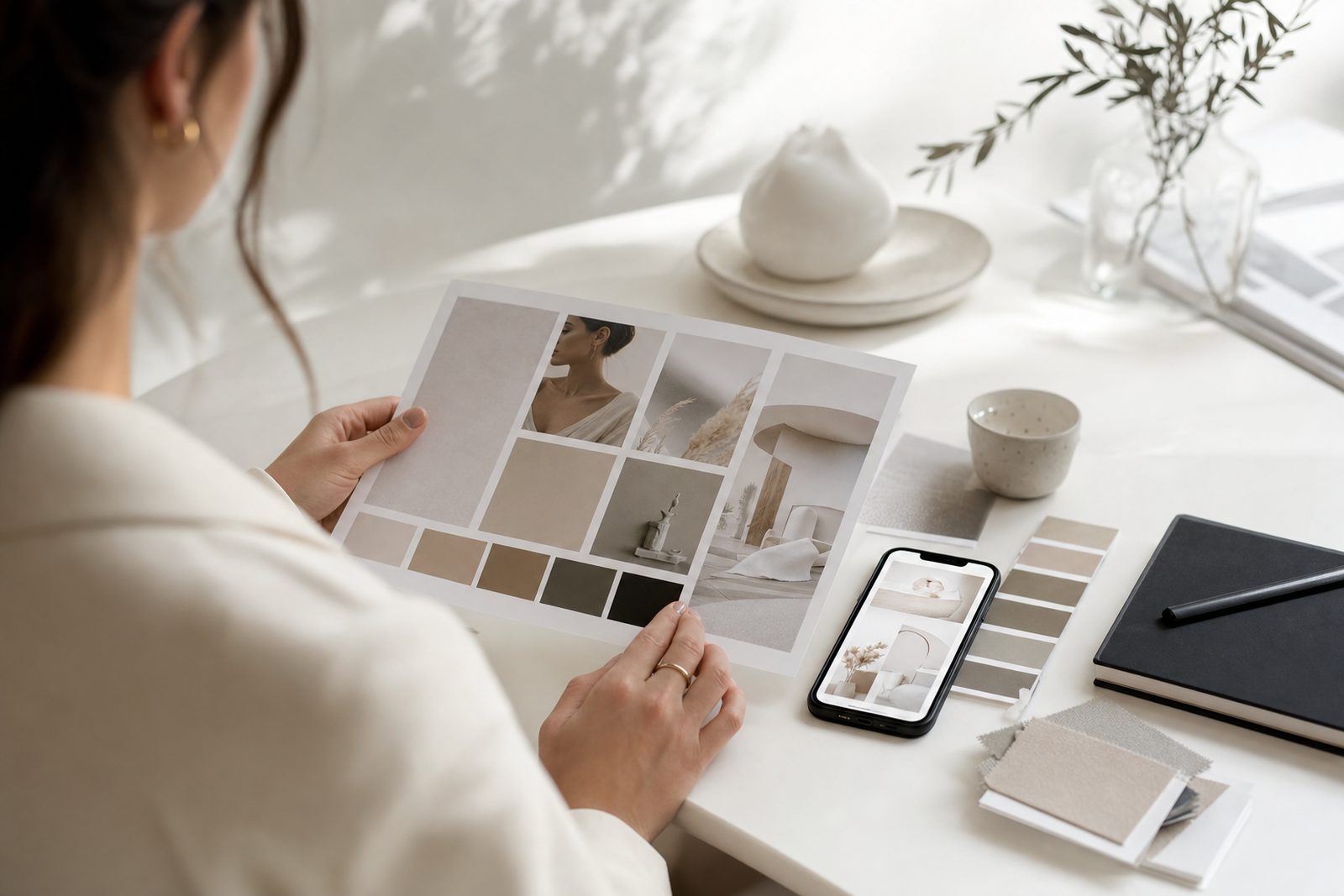 Designer reviewing a med spa brand board with logo, color palette, and a mobile website mockup on a desk in a modern aesthetic studio