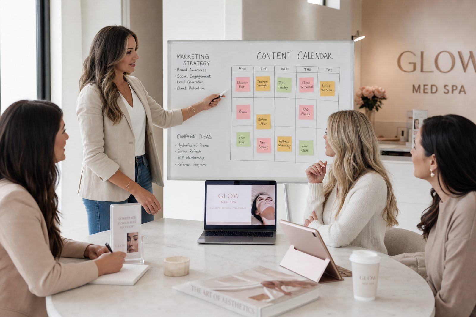 Med spa marketing team planning campaigns on a whiteboard with social media calendar, Google Ads, email flows, and membership promotions for an aesthetic clinic