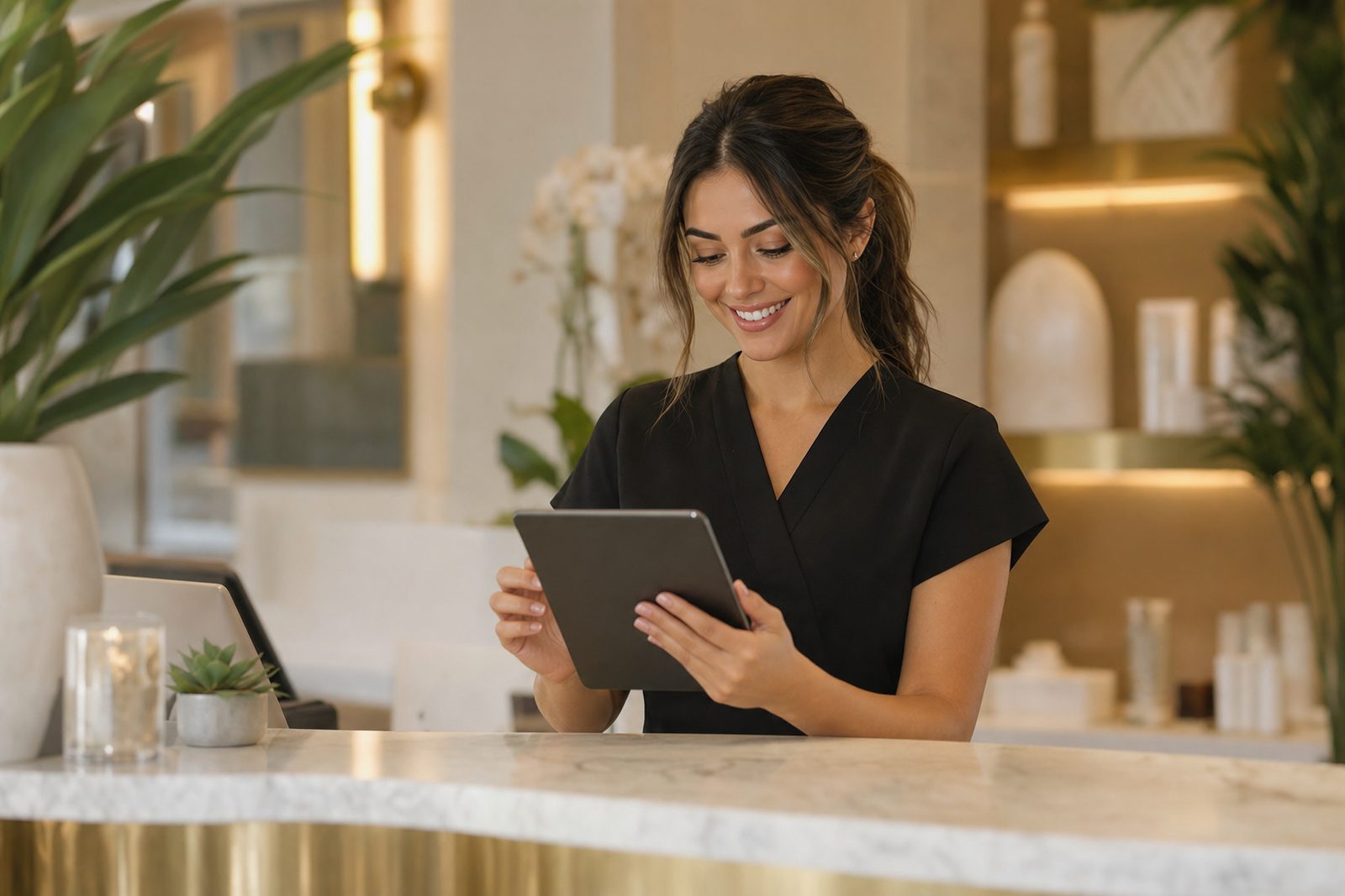 Med spa front desk manager responding to patient reviews on Google and reading five-star feedback on a tablet in a bright aesthetic clinic reception