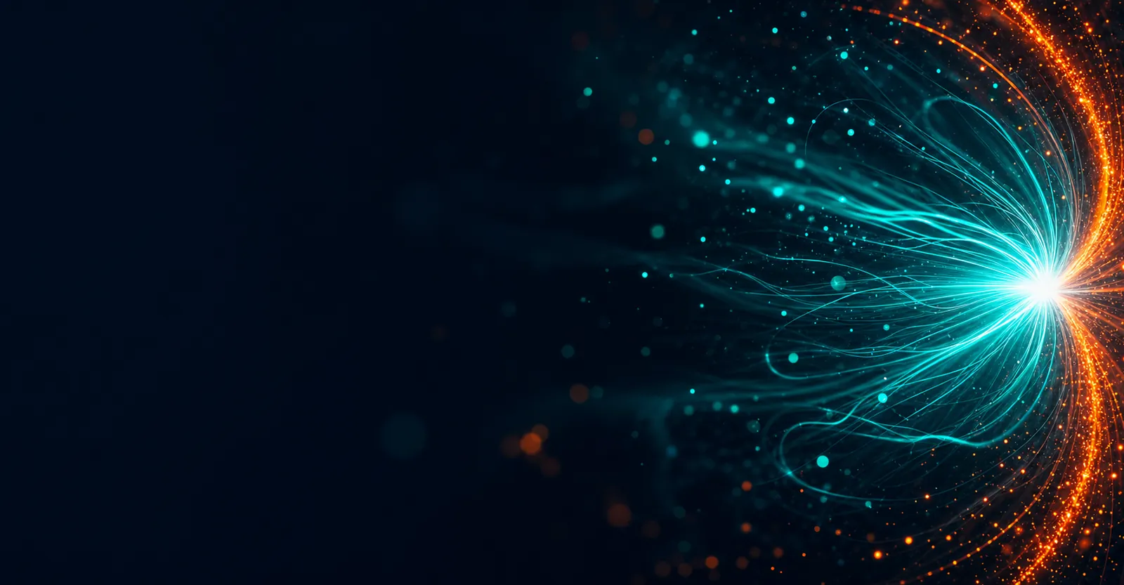 Teal and cyan light filaments converging into a bright core on the right with a warm orange arc — abstract AUQUAL brand backdrop behind the Local SEO headline