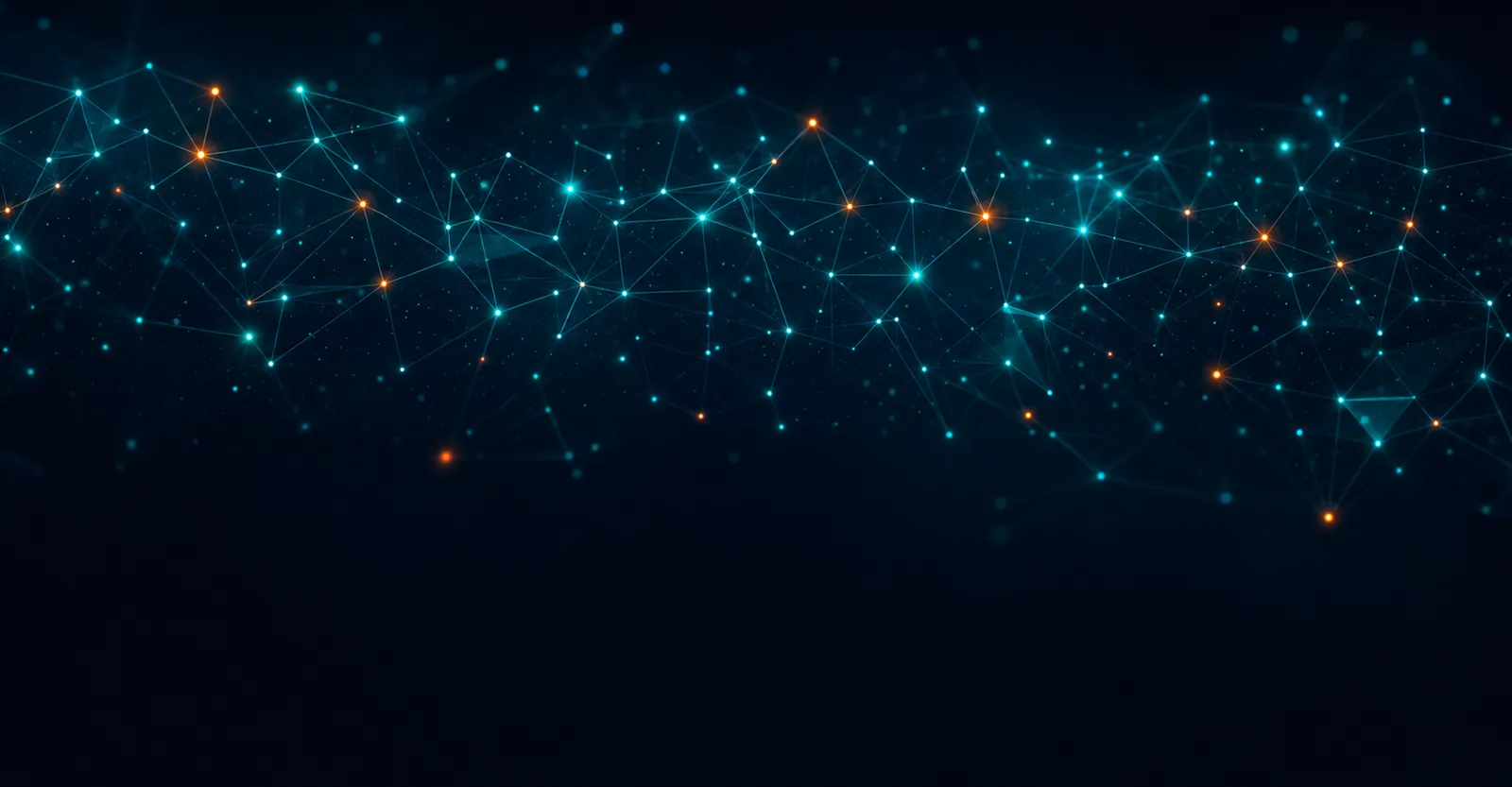 A constellation-like network of cyan nodes and teal connecting lines on deep navy — abstract AUQUAL brand backdrop behind the Keyword Research headline